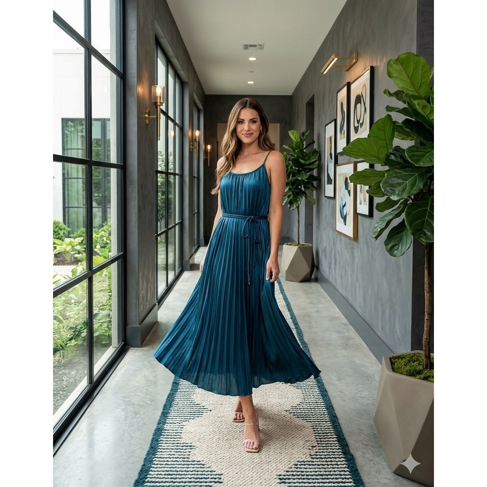New Bishop + Young Anthropologie Satin Pleated Mara Midi Dress Teal S Jasmine